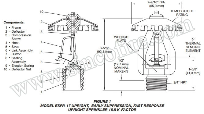 Model Esfr-22 Early Suppression Fast Response Storage Pendent Sprinkler Heads